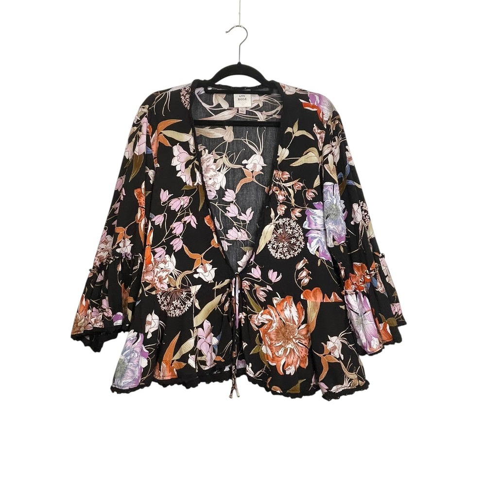Knox Rose Floral Tie Front Blouse L Bell Sleeve Peplum Crochet Lace Bohemian